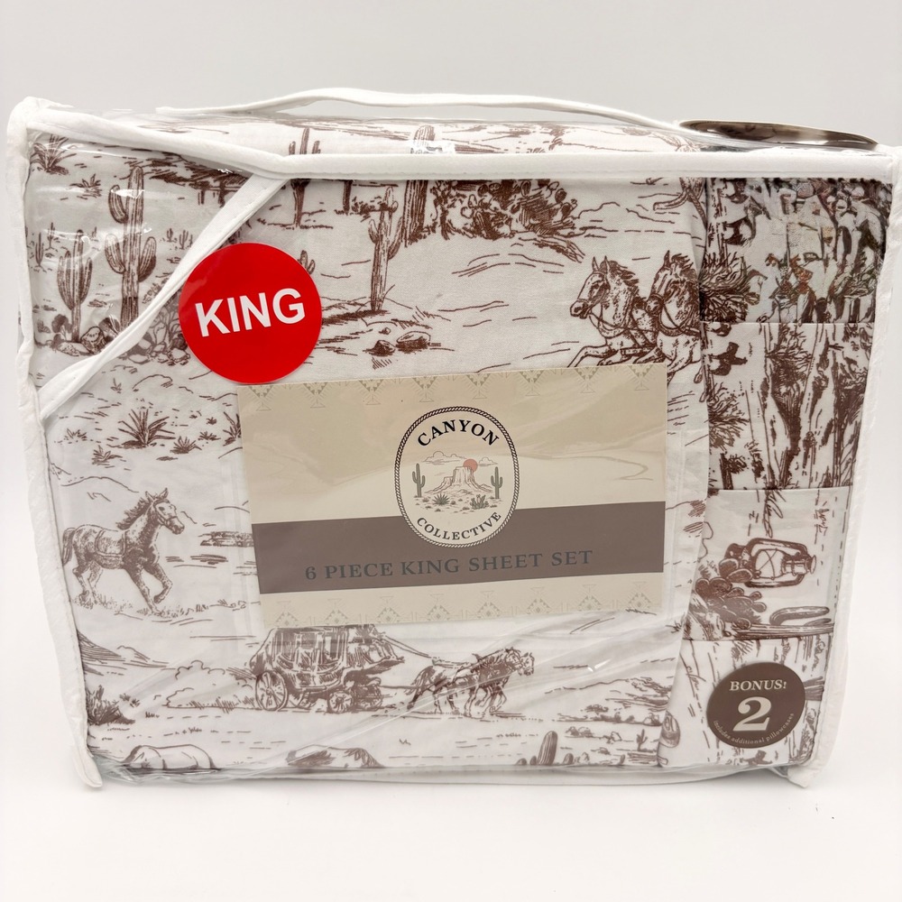 Canyon Collective King Sheet Set 6 Piece Western Toile Brown White Horse Desert